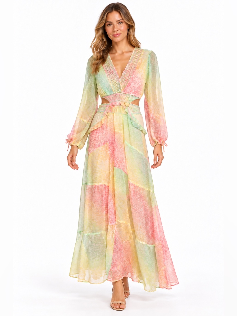 Hale Bob NWT Pastel Multi-Color Long Sleeve Maxi Dress with Cutouts